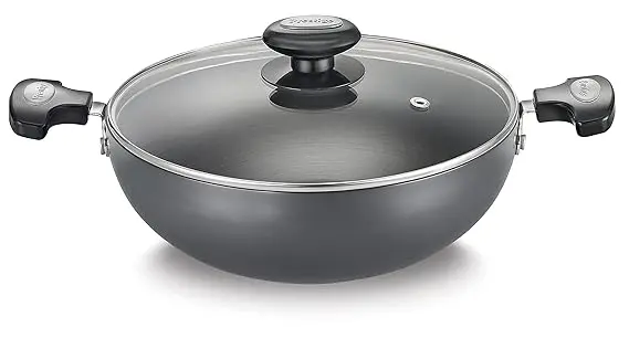 Prestige Hard Anodised Plus Gas and Induction Compatible Kadai with Glass Lid, 300 mm (Black)