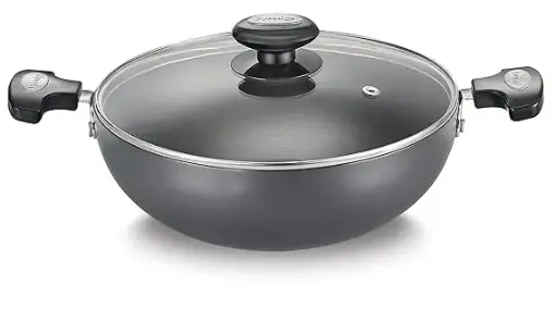 Prestige Hard Anodised Plus Gas and Induction Compatible Kadai with Glass Lid, 240 mm (Black)